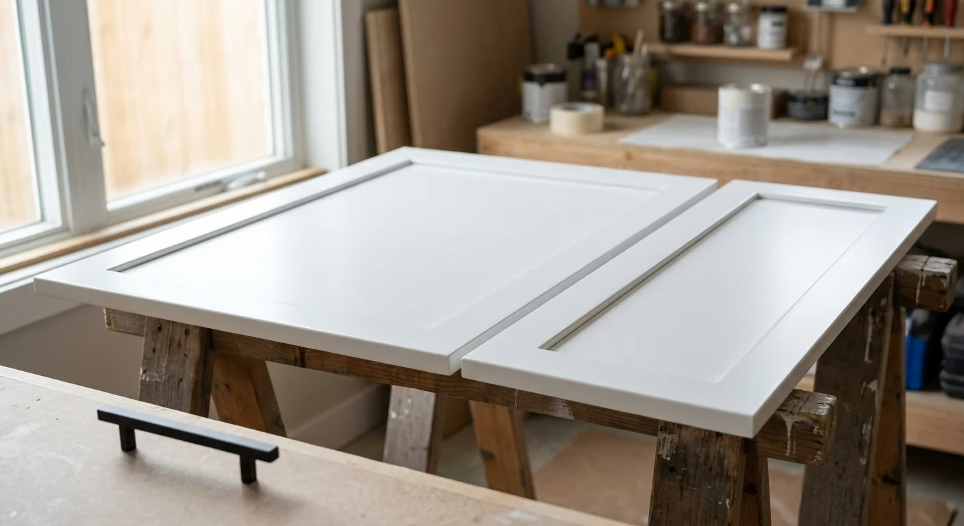 Freshly sprayed white shaker kitchen cabinet door with a glass-smooth enamel finish from a Phoenix cabinet refinishing job